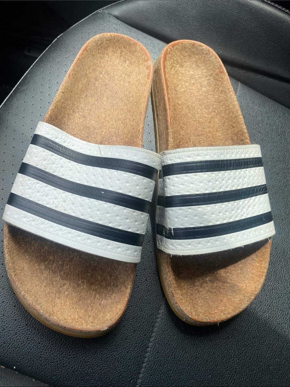 Adidas Cork White and Black Striped Slide Sandals